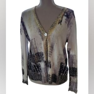 Chico's V-Neck Cardigan Abstract Print One Button Front & Gold Metallic Size M